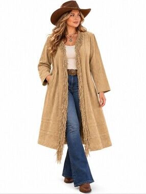 Margaret Godfrey Suede Leather Fringe Duster Coat Western Boho Plus Size 20